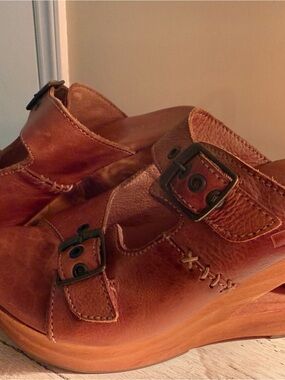 Brown Leather Buckle Clog Wedges BED/STU